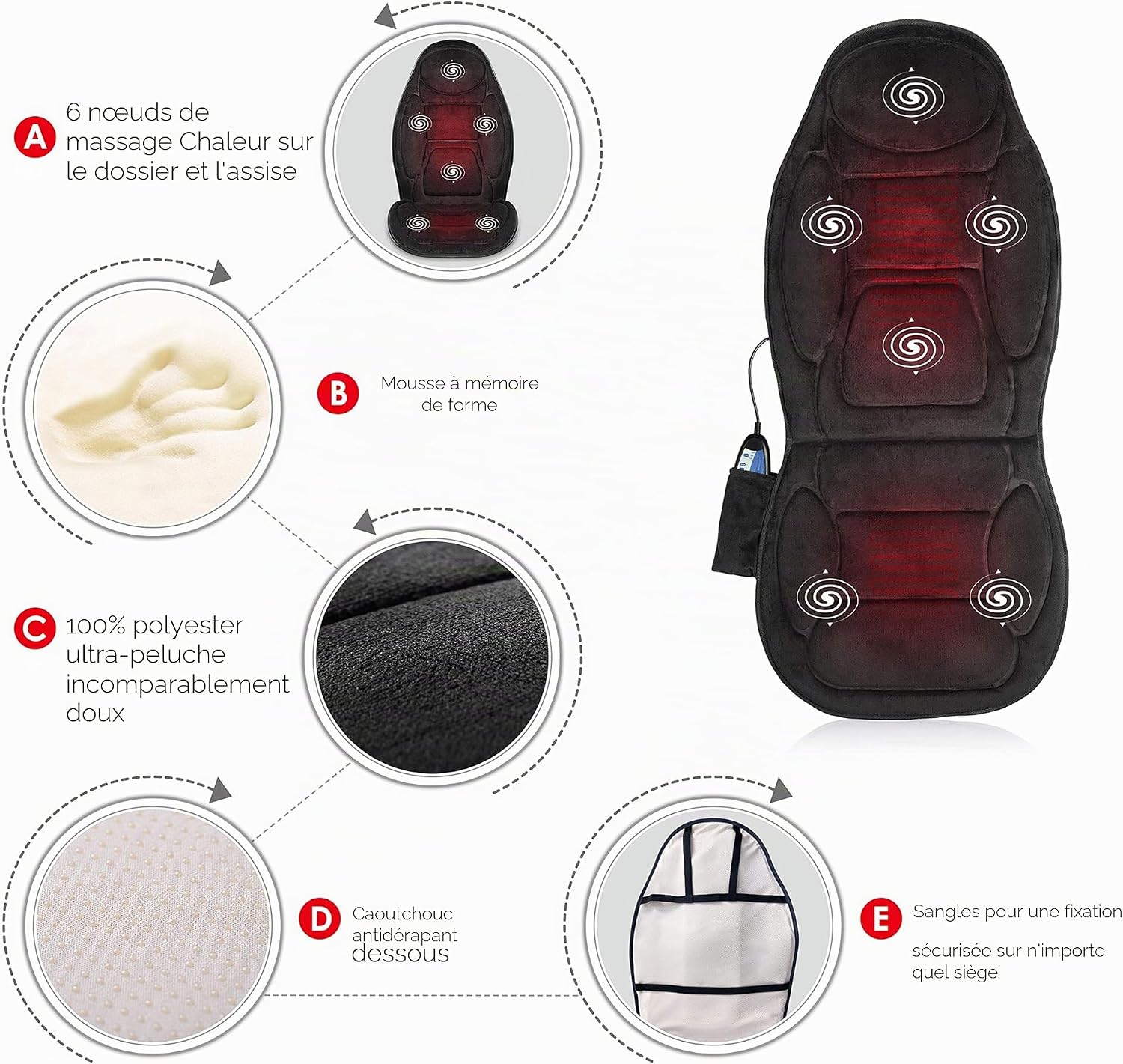 Thumbnail 3 de SNAILAX Siège de Massage Chauffant en Mousse à Mémoire – Coussin de Siège Massant pour Dos, 5 Modes et 2 Réglages de Chaleur
