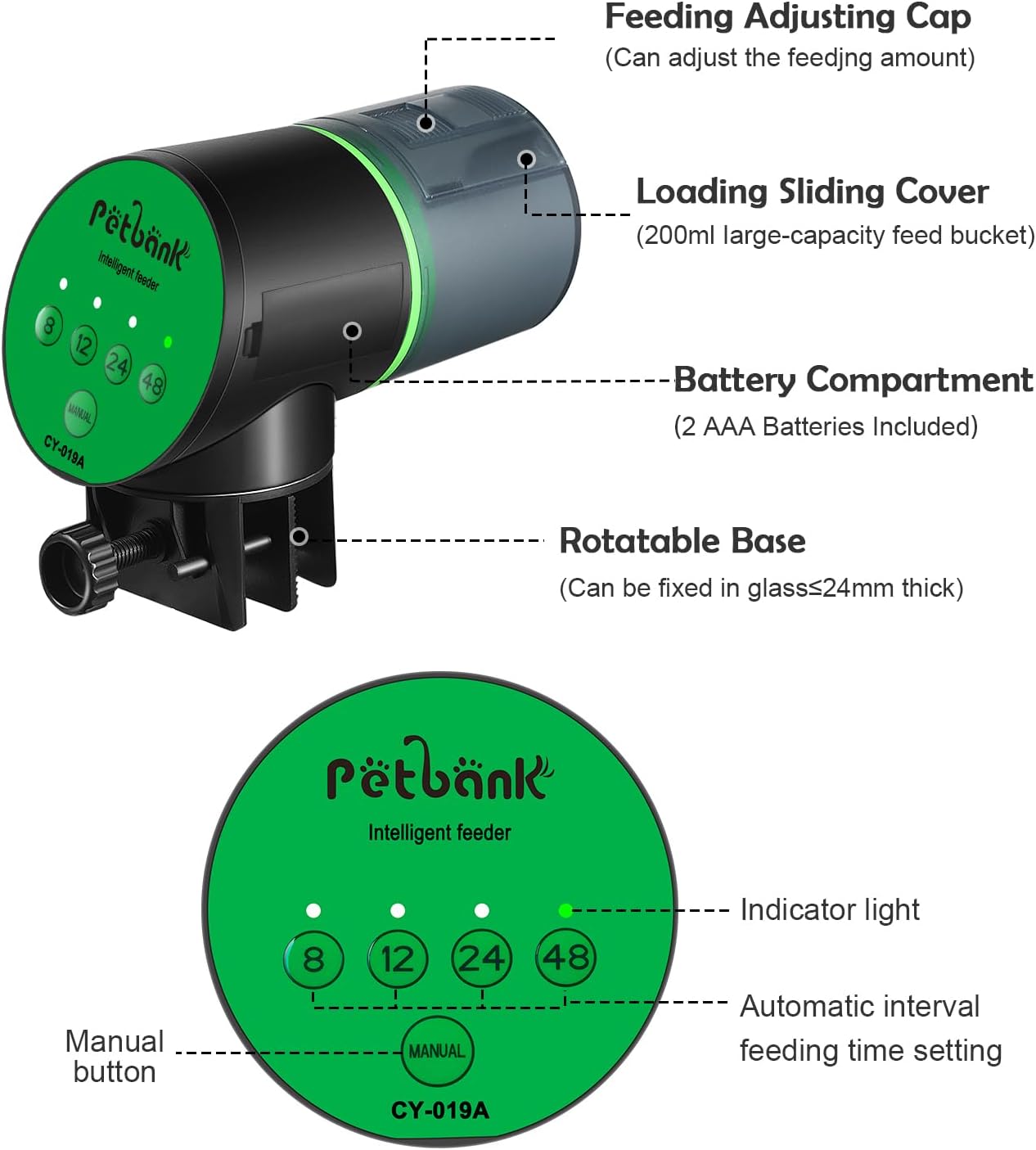 Detalle de Petbank Automatic Fish Feeder for Aquarium – Battery‑Operated, 200ml Capacity with 4 Smart Interval Modes