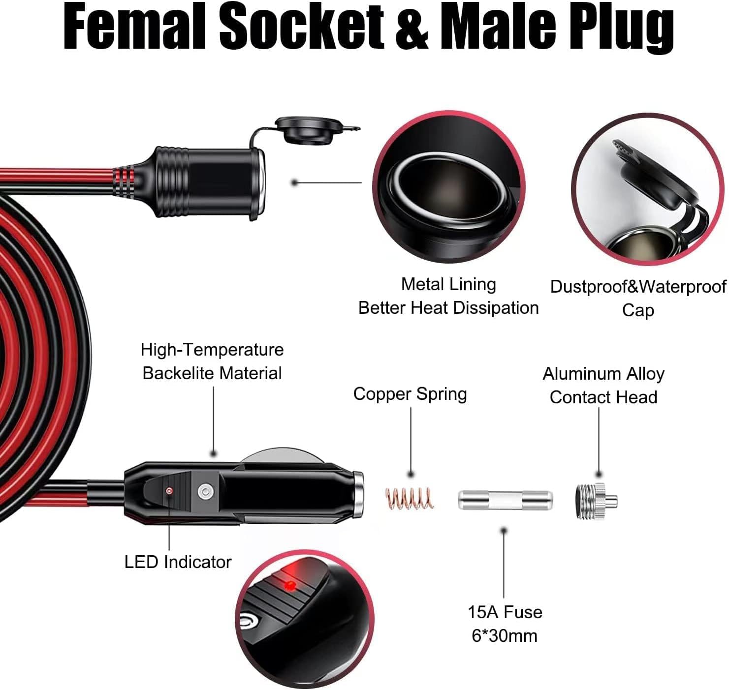Thumbnail 4 de 12V/24V 16AWG Heavy Duty Cigarette Lighter Extension Cable – 20ft with LED and Built-in 20A Fuse