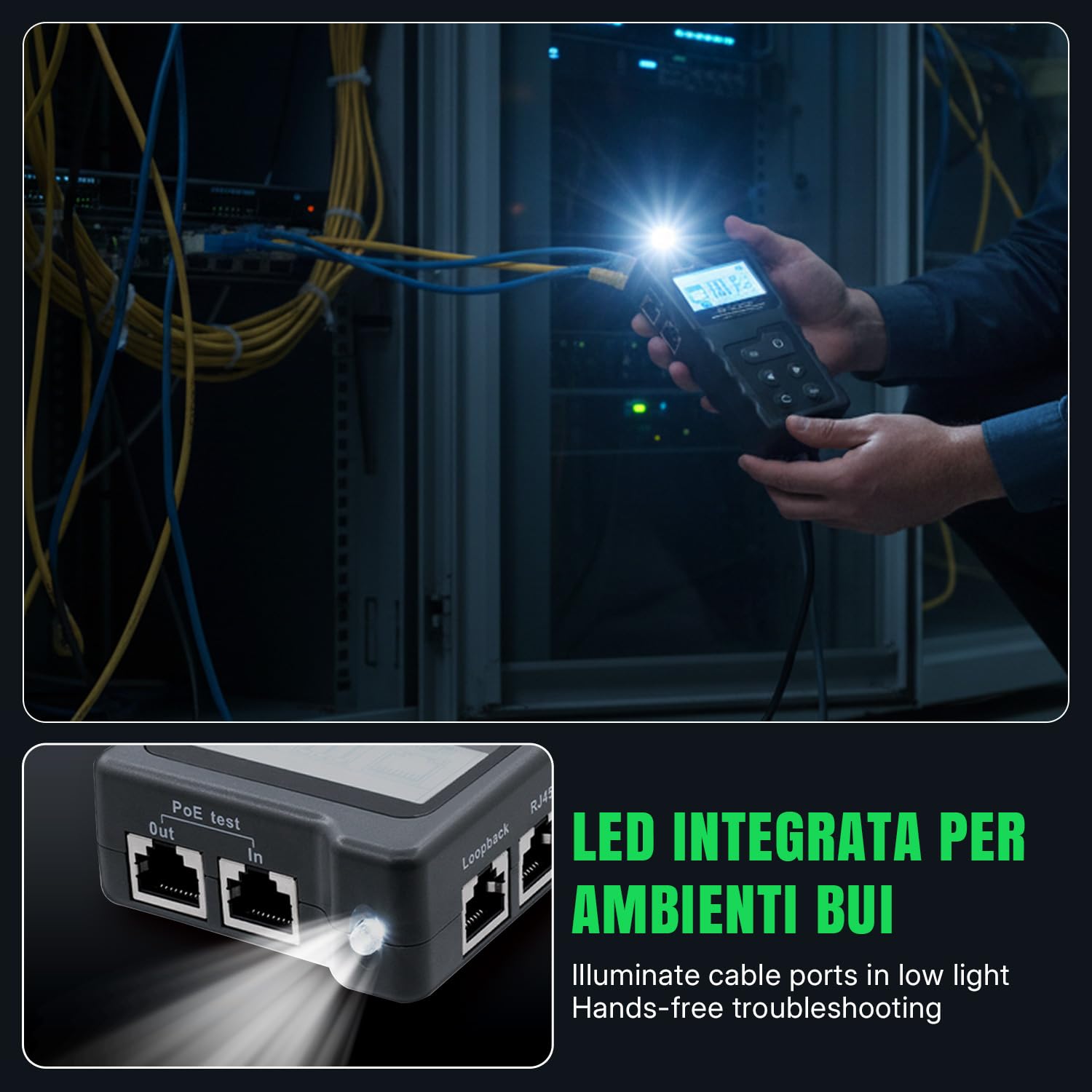 Detalle 2 de Tolesum Tester di Rete RJ45 con LCD e test PoE per individuare corto, incrocio e circuito aperto
