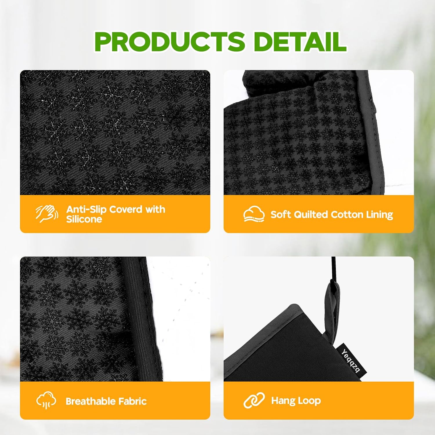 Detalle de Yeqqzq 6-piece oven mitts and pot holders set with non-slip silicone, extra-long gloves (black)
