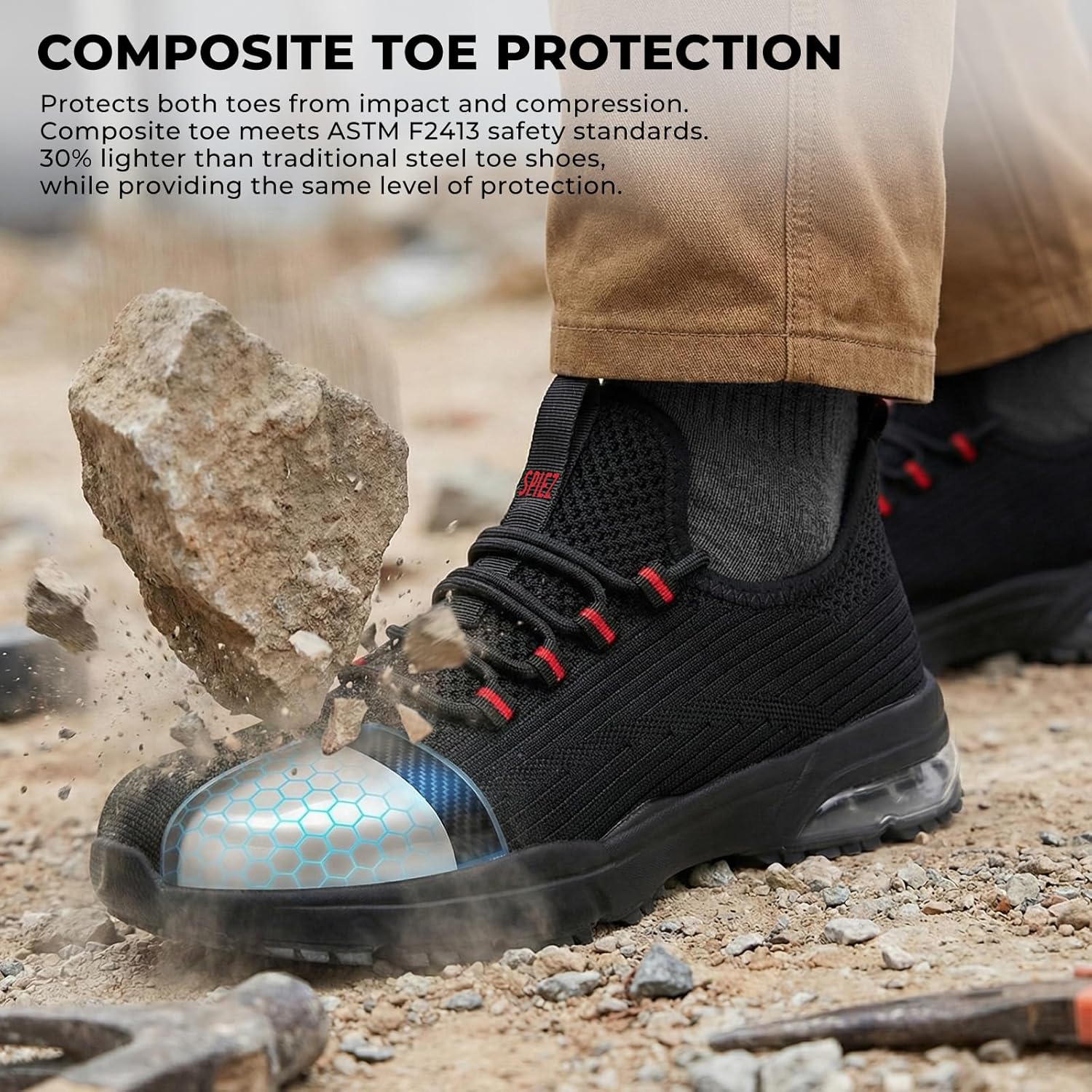 Detalle de SPIEZ Chaussures de Sécurité Hommes et Femmes – Chaussures légères à embout composite, slip-on noir/rouge EU 37-46