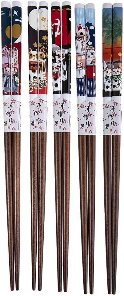 Detalle de lachineuse Japanisches Essstäbchen-Set Maneki Neko – Glückskatzen-Design aus Birnenholz