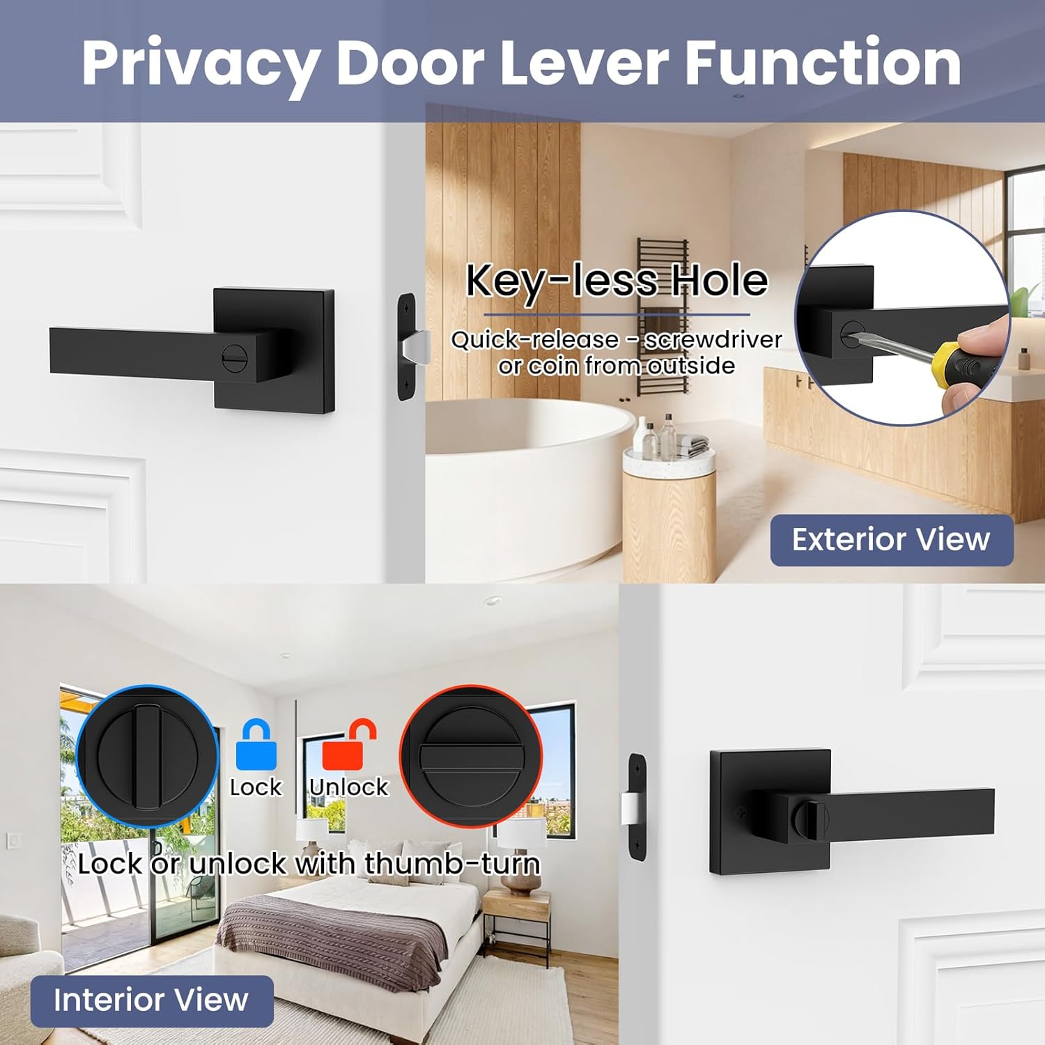Thumbnail 2 de Estmoon 5-Pack Matte Black Interior Door Handles (Privacy Lock, Keyless)