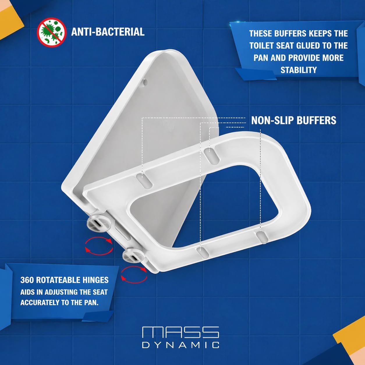 Thumbnail 4 de MASS DYNAMIC Square Toilet Seat with Soft-CClose, Quick Release & Top Fixing Hinges