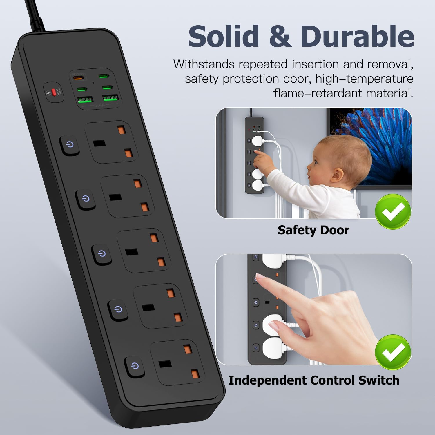 Thumbnail 2 de BOCHLION 11-in-1 Extension Lead with 6 USB Slots and Wall Mount, PD30W USB-C, Independent Switches, 3m Cable