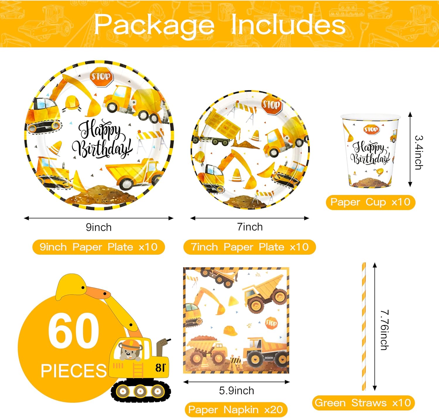 Detalle de BuyCard Baustellen Partyzubehör Set – 60-teiliges Baubau-Feeling für Kinderfeste
