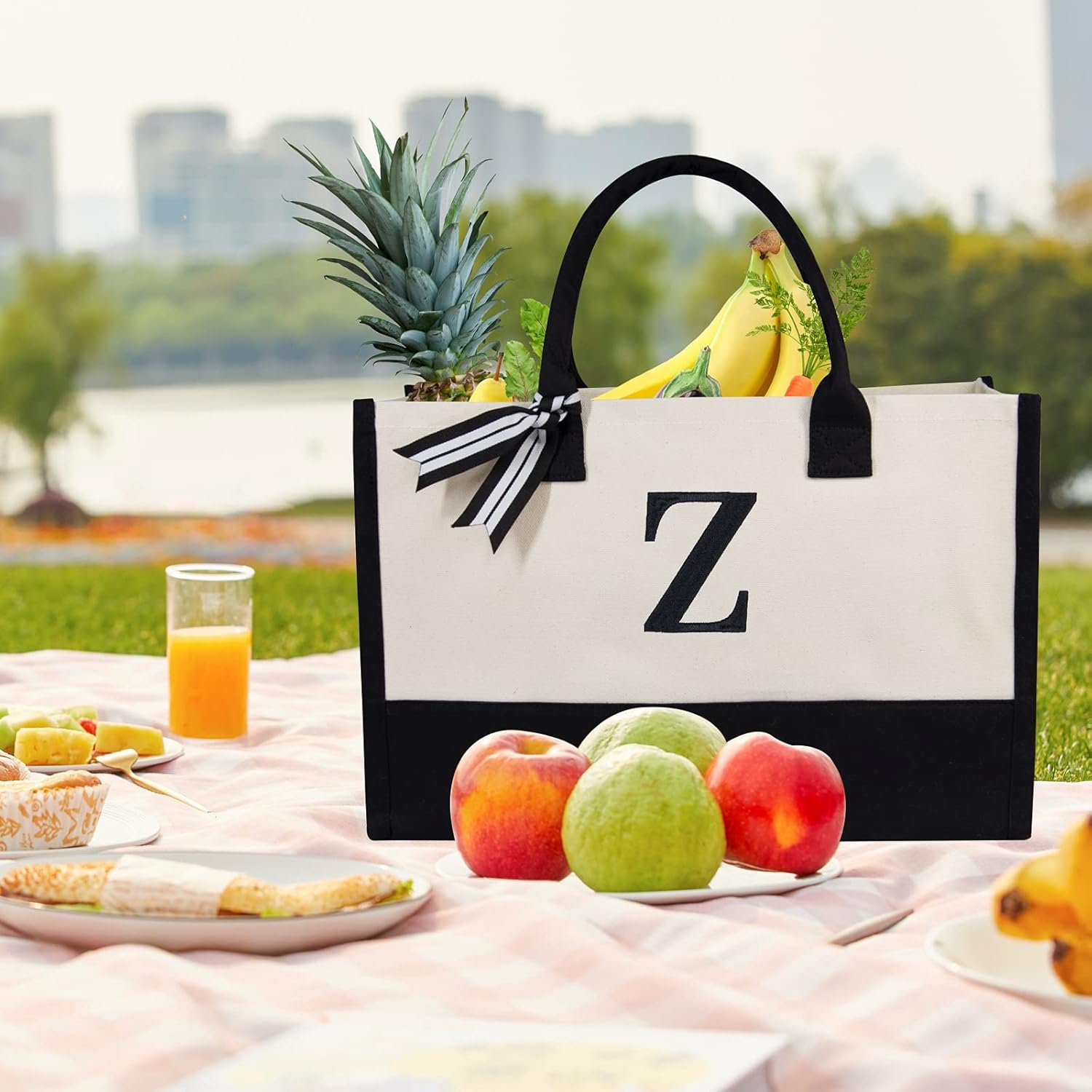 Thumbnail 2 de Personalized Initial Canvas Beach Bag, Monogrammed Gift Tote Bag for Women