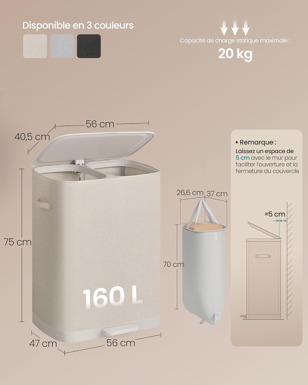 Detalle de SONGMICS LCB832L101 wasmand met pedaal, 2 vakken, 160 l, cappuccinabeige