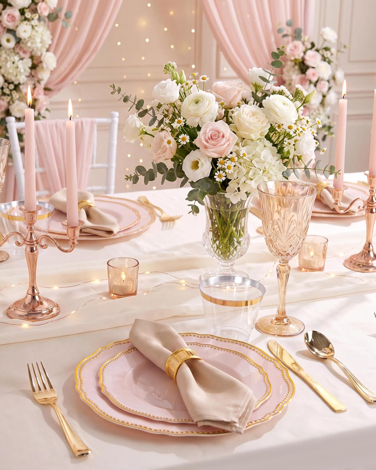 Detalle de Hioasis 350pcs Pink and Gold Plastic Plates Set – Elegant Disposable Dinnerware for 50 Guests