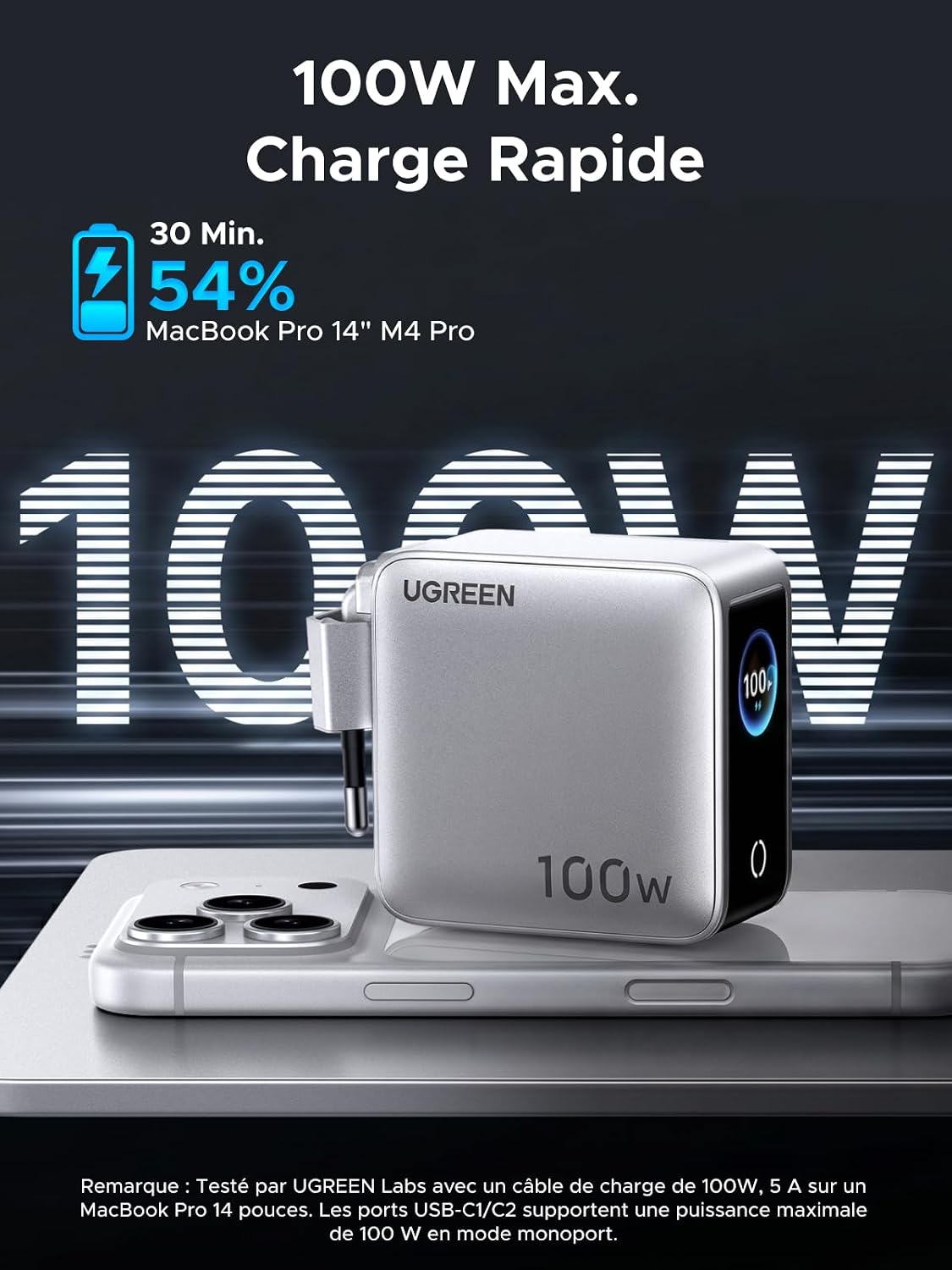 Thumbnail 3 de UGREEN Nexode Pro 100W: Chargeur USB-C 4 Ports avec Écran Intelligent, GaNInfinity II