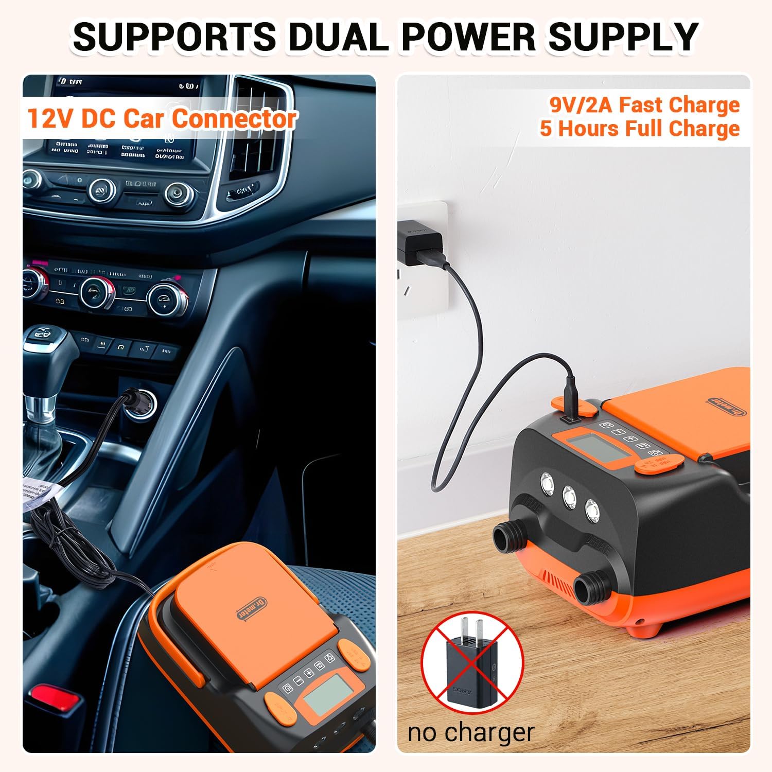 Detalle de Dr.meter Pompa Elettrica SUP 12V DC da 6.000 mAh con 2 USB, 3 LED e 6 ugelli