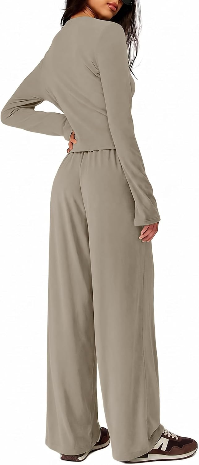 Detalle 2 de Sampeel Women's Two-Piece Lounge Set with Button-Front Top and Wide-Leg Pants