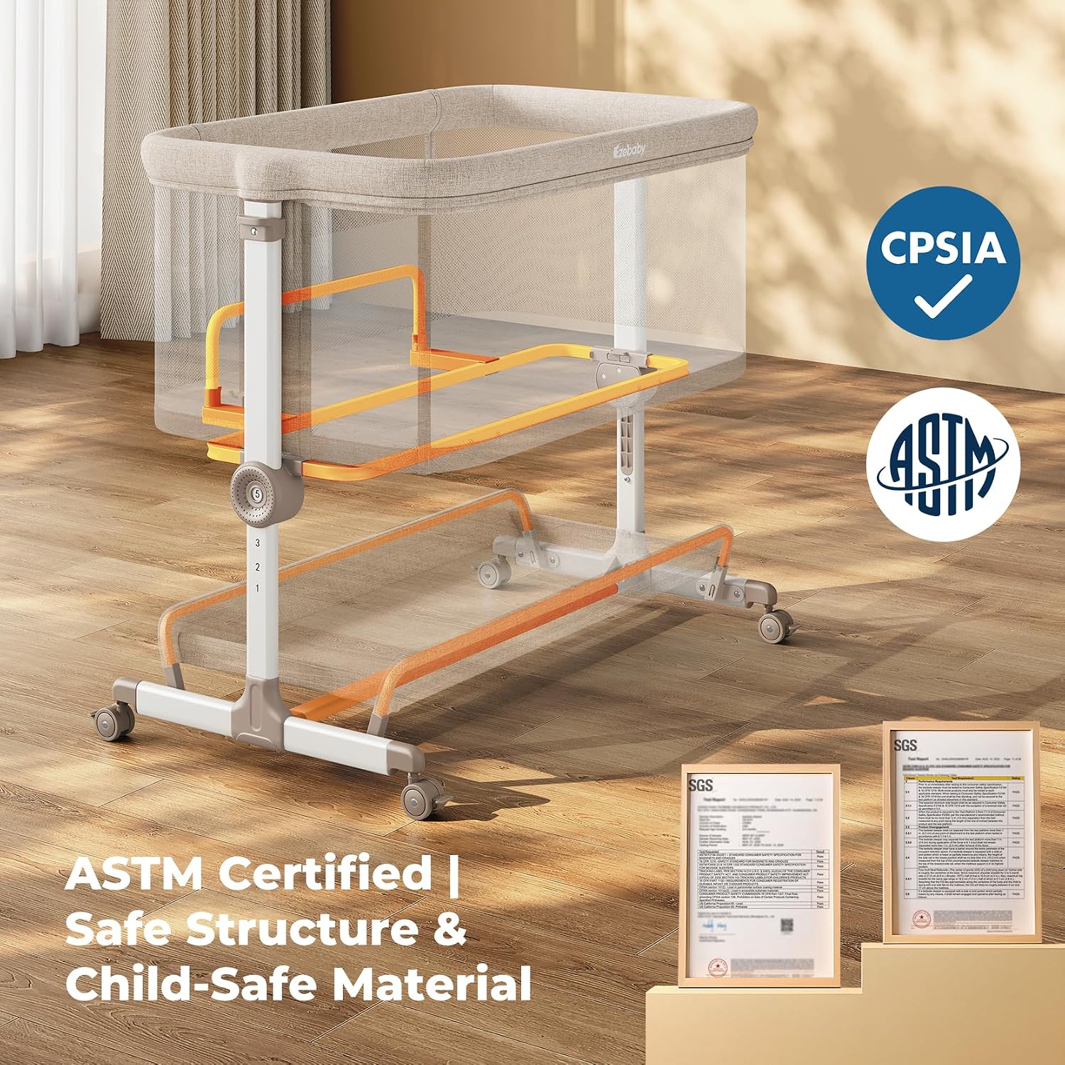 Thumbnail 4 de Ezebaby OD-368A Bedside Bassinet with 7 Height Positions and Mesh Sides