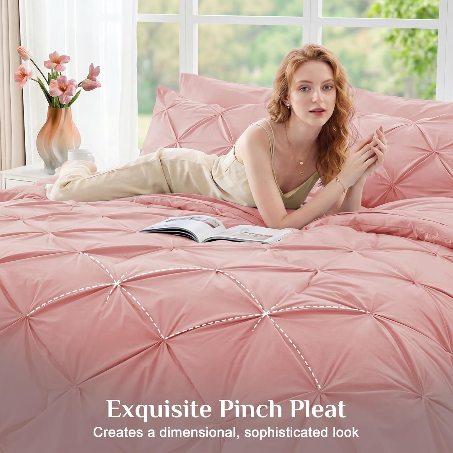Thumbnail 1 de JOLLYVOGUE Queen Comforter Set (7-Piece) with Pintuck Microfiber Bedding, Pink