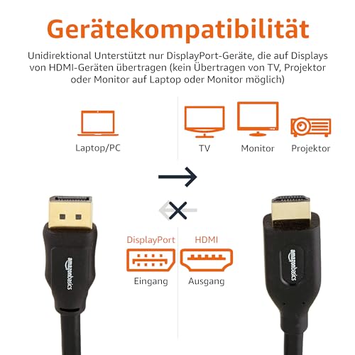 Detalle 2 de AmazonBasics DisplayPort (Quelle) auf HDMI Kabel – Unidirektional, 4K 30 Hz, 1,83 m, vergoldete Stecker