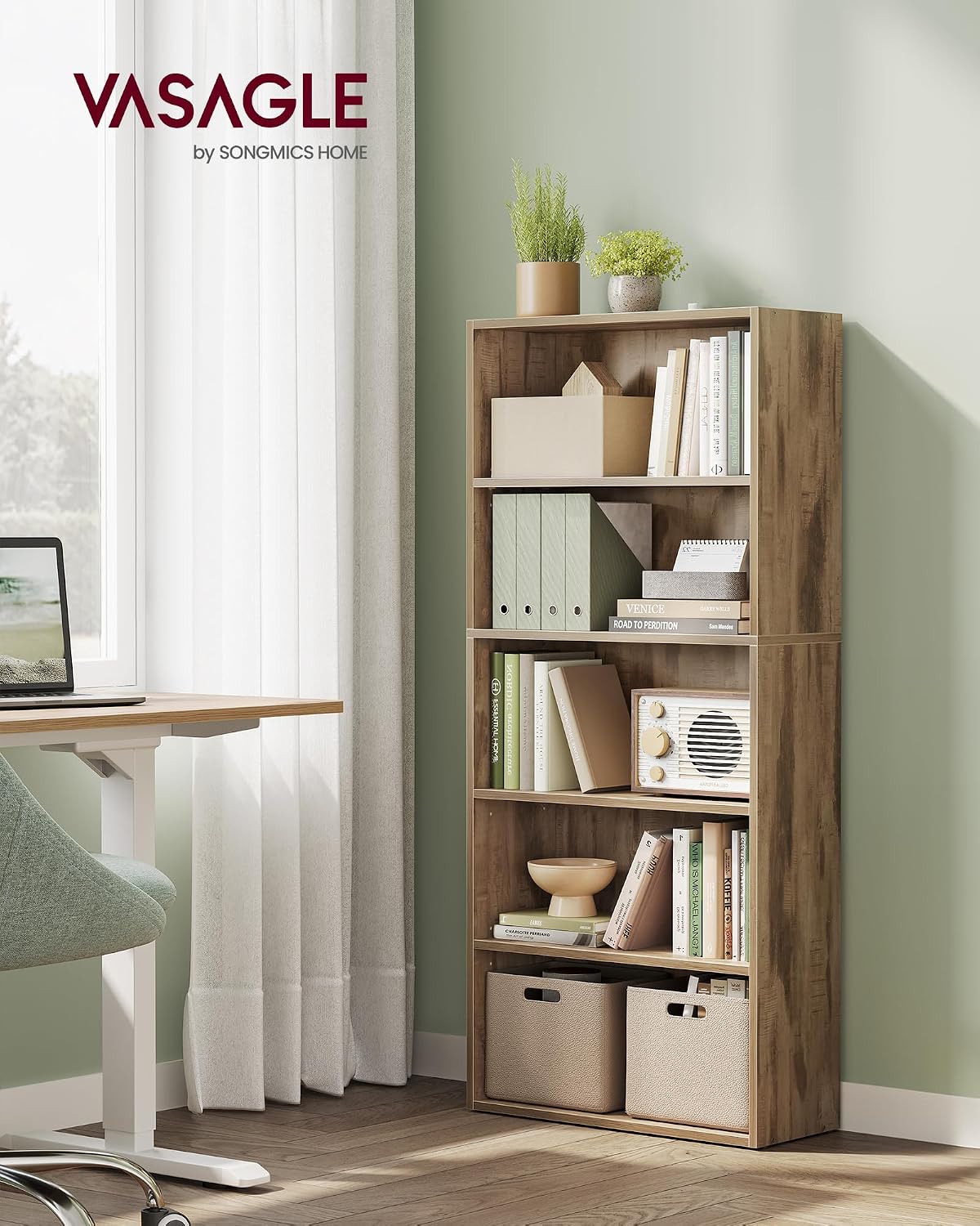 Detalle 2 de VASAGLE Scaffale a 5 ripiani LBC165T50 in stile libreria, marrone cammello
