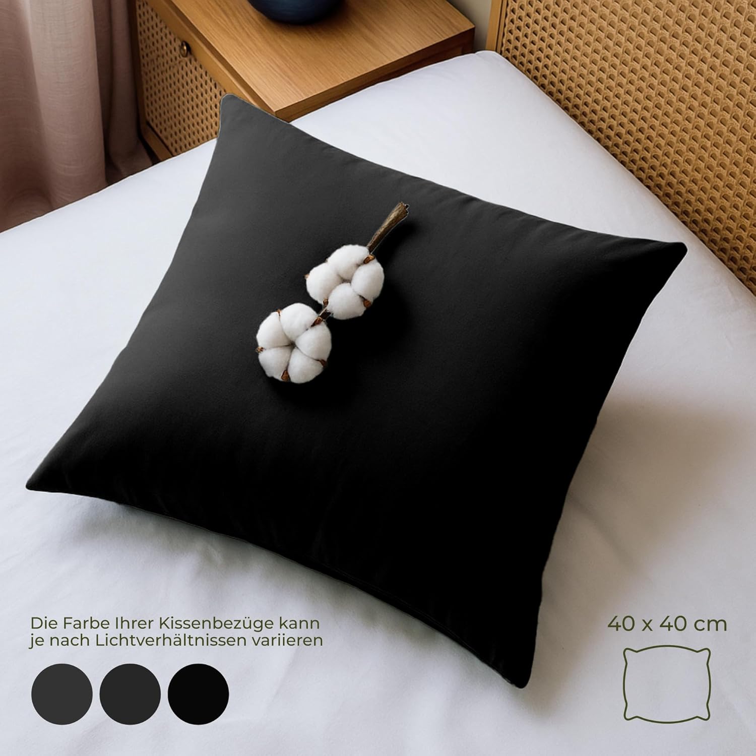 Detalle de Dreamzie Kissenbezug 40x40 cm – 2er Set, 100% Bio-Baumwolle, Schwarz, Reißverschluss, OEKO-TEX & GOTS-zertifiziert