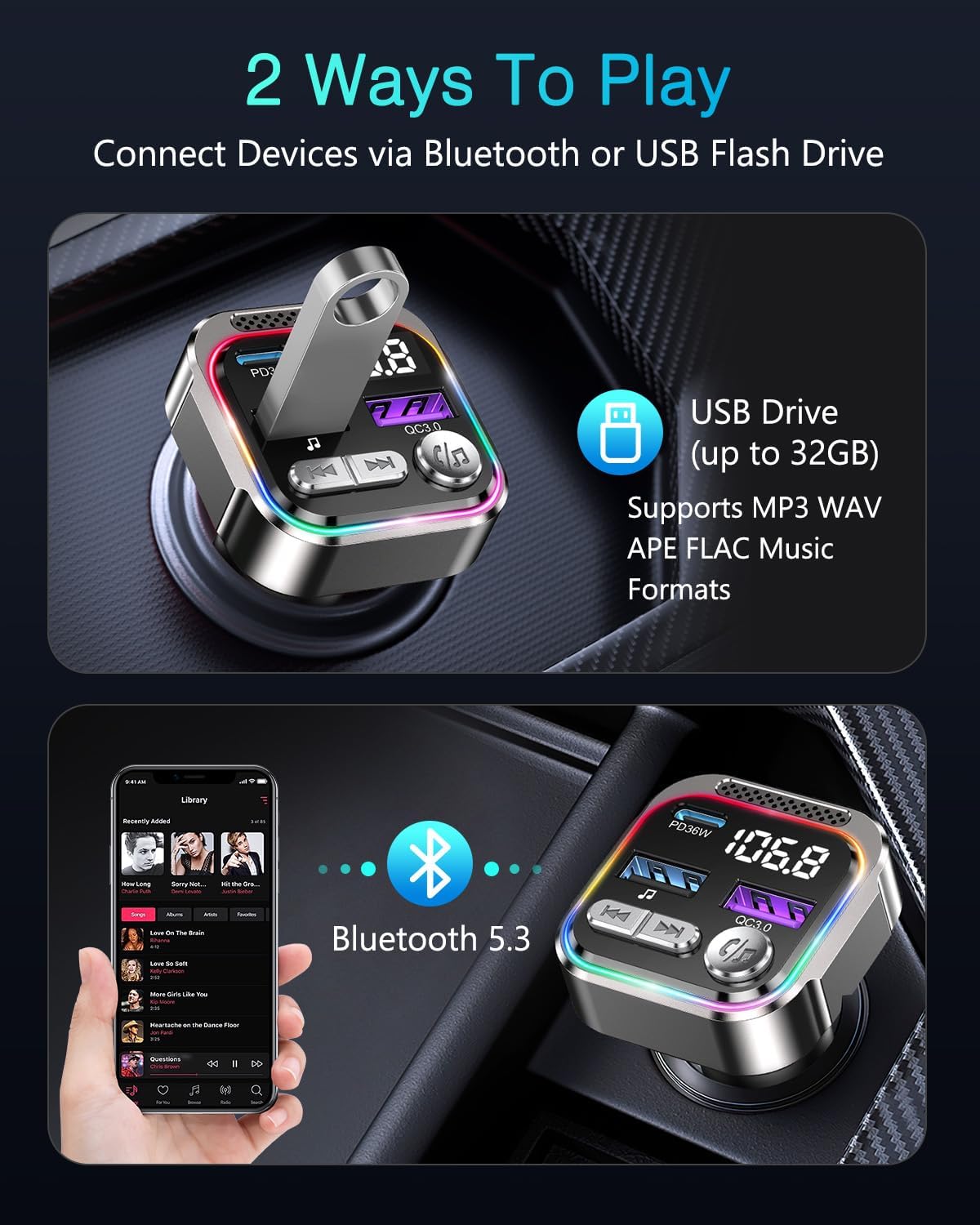 Thumbnail 5 de ORIA 66W Bluetooth 5.3 FM Transmitter – 36W PD Car Adapter