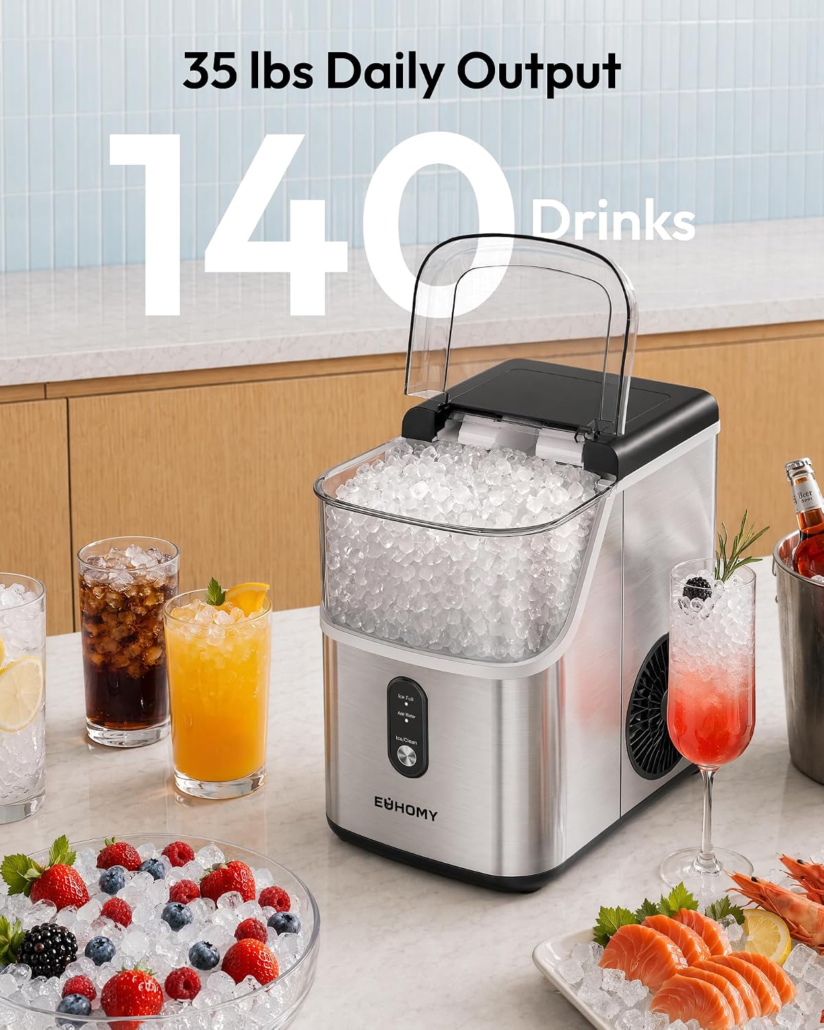 Detalle de EUHOMY IM013-NSIX3-A Nugget Ice Maker, 35 lb/24h, Stainless Steel