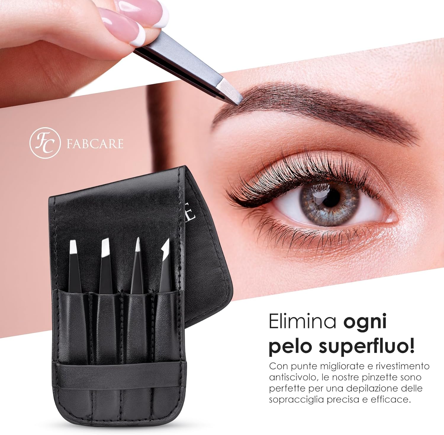 Detalle 2 de FABCARE Set di Pinzette per sopracciglia con astuccio e spazzola (5 pezzi) – punte migliorate