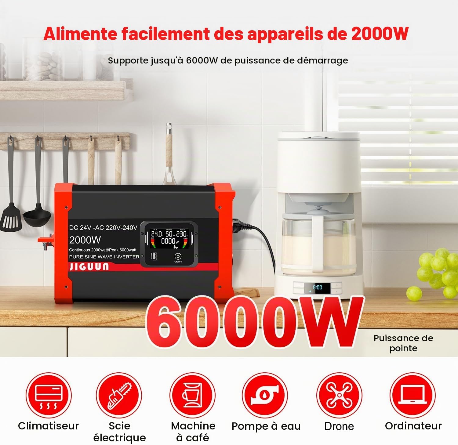 Detalle 1 de JIGUUN 2000W24V omvormer, 24 V naar 230 V, zuivere sinus en afneembaar LCD-display