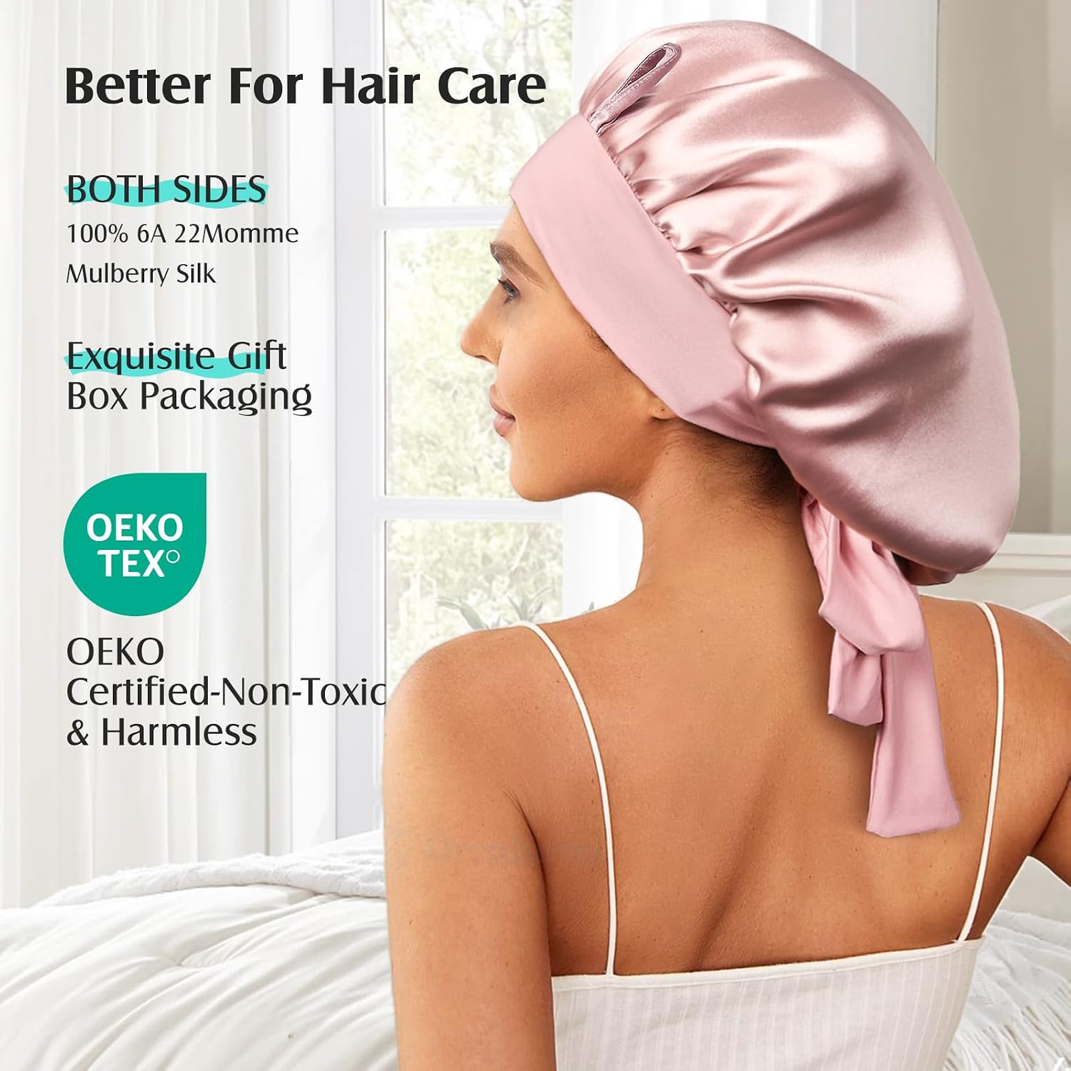 Detalle 2 de Umisleep 22 Momme Mulberry Silk Bonnet (Double Layer) – Non-Slip Sleep Cap Turban with Elastic Tie
