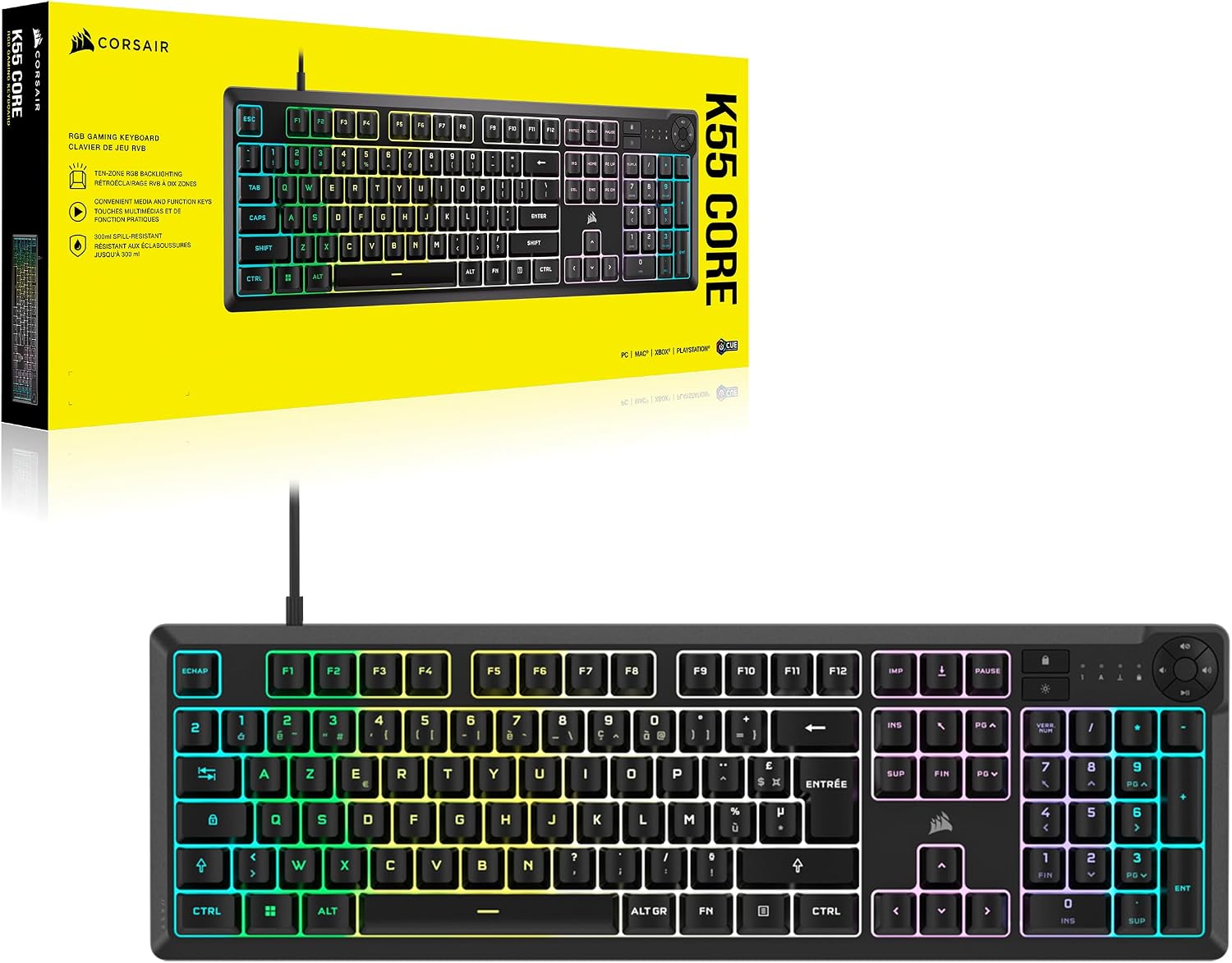 Detalle de Corsair K55 Core RGB Clavier de Jeu Filaire à Membrane (AZERTY FR) – Noir