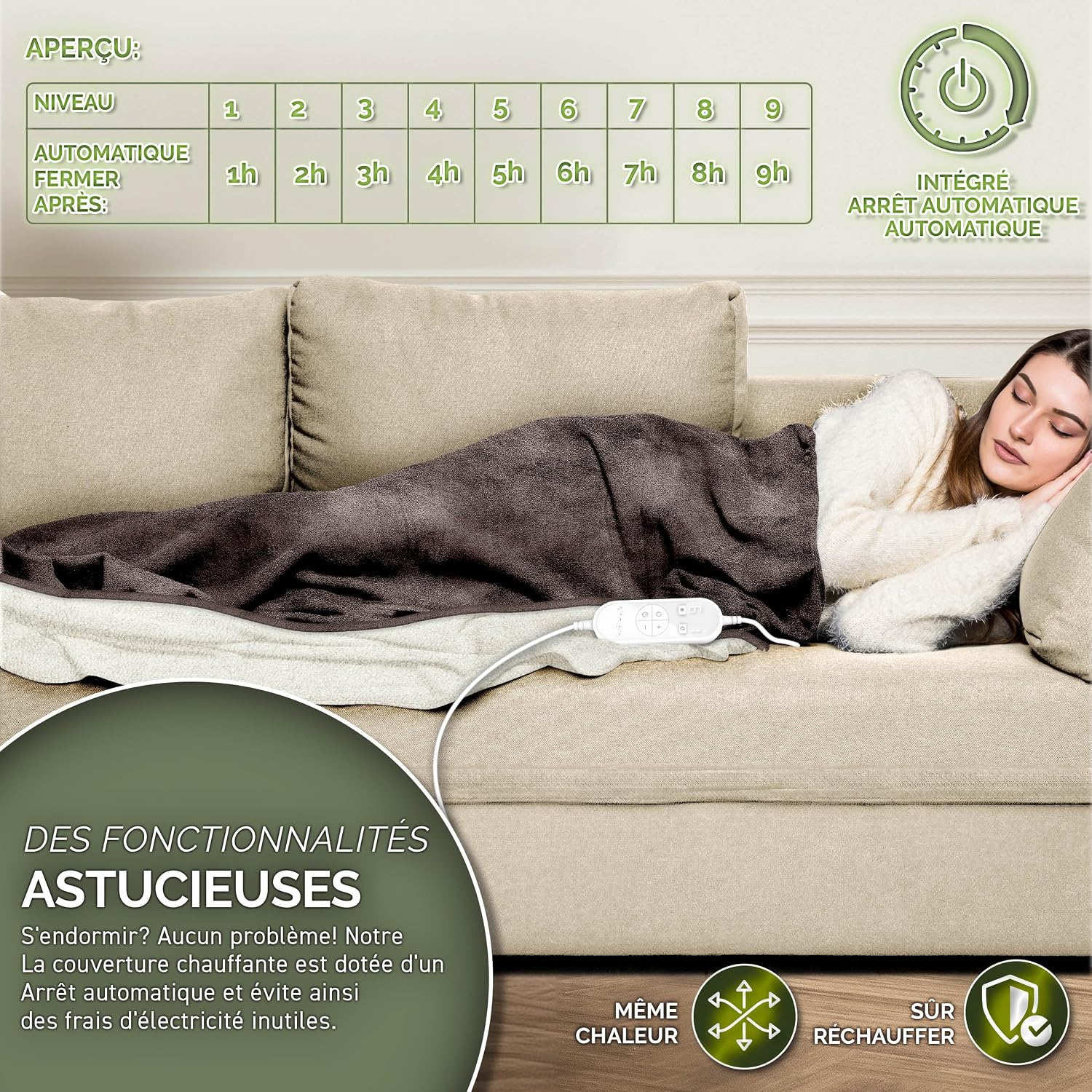 Detalle 2 de sinnlein® Couverture chauffante 180 x 130 cm – chaleur douce, arrêt automatique et lavage en machine