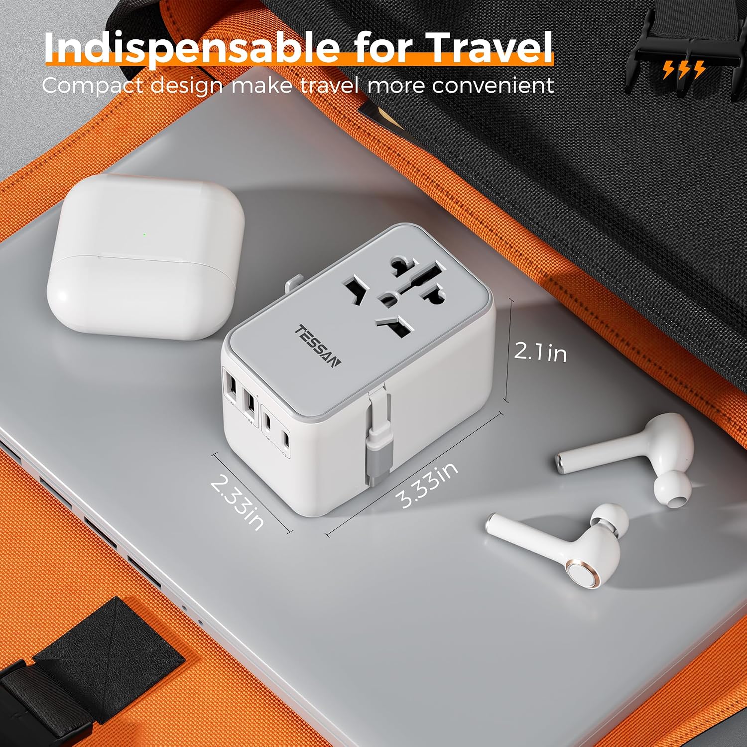Detalle 2 de TESSAN Universal Travel Adapter with Built-in 35W USB-C Cable (UK) for EU/US/AU