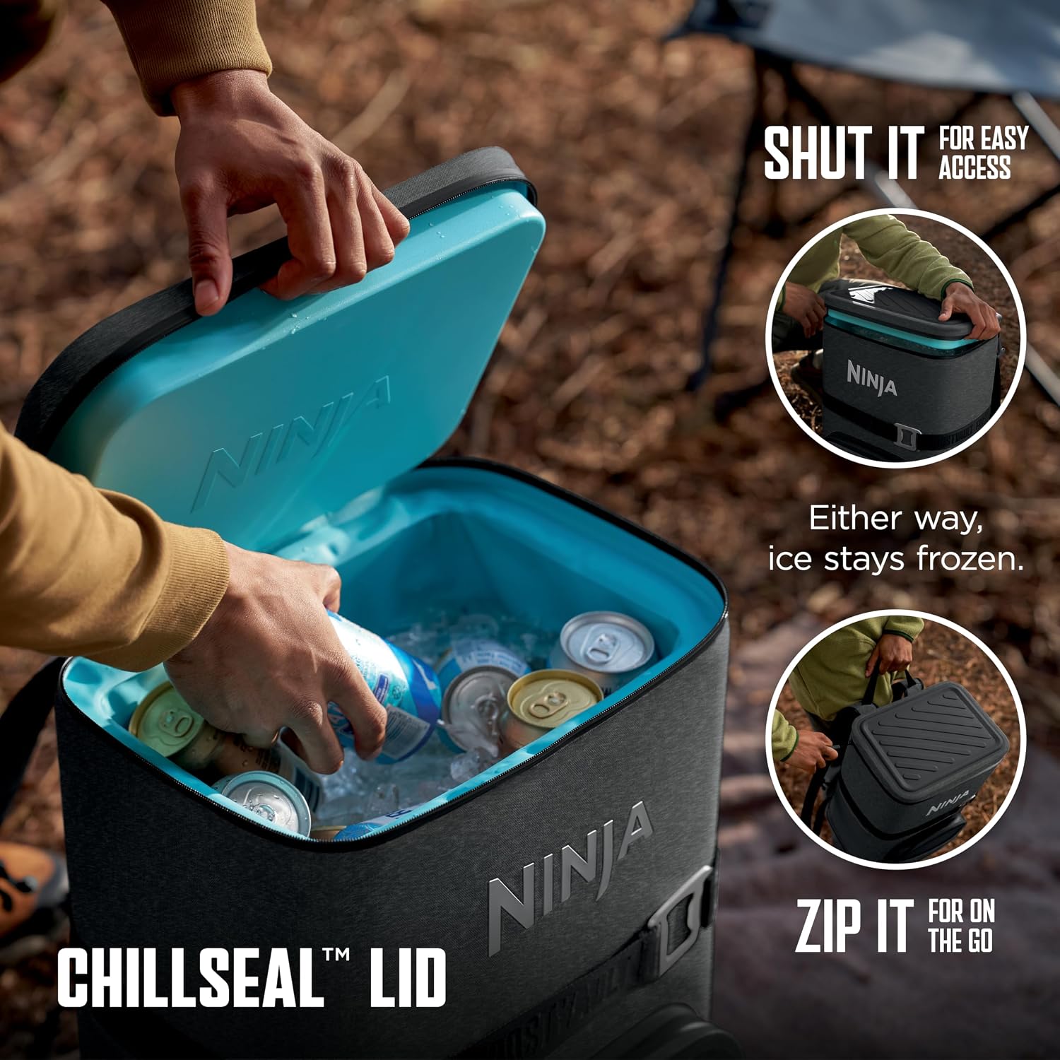 Detalle 2 de Ninja FrostVault Go Can Soft Cooler (24/36 Can) with Leak-Proof Zipper, Cup Holder, 2 Ice Packs, Dry Drawer