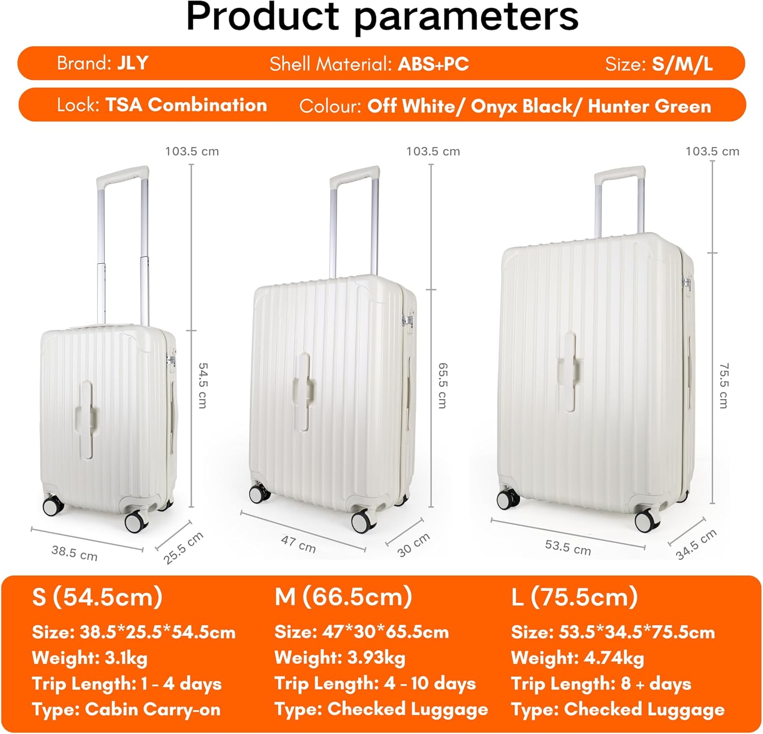 Detalle de JLY Lightweight 3-Piece Luggage Set with TSA Lock and Built-In Cupholder (Ivory White, L 75.5cm)