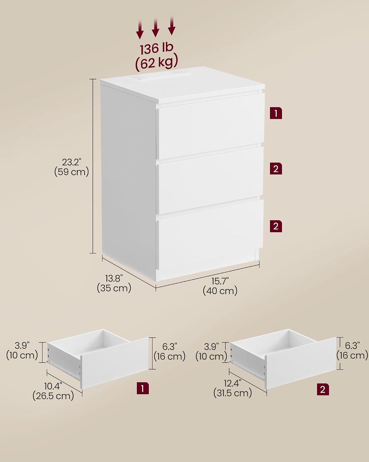 Detalle de VASAGLE KAILYN LET631W15 Bedside Table, 3 Drawers, 2 AC Outlets and 2 USB Ports