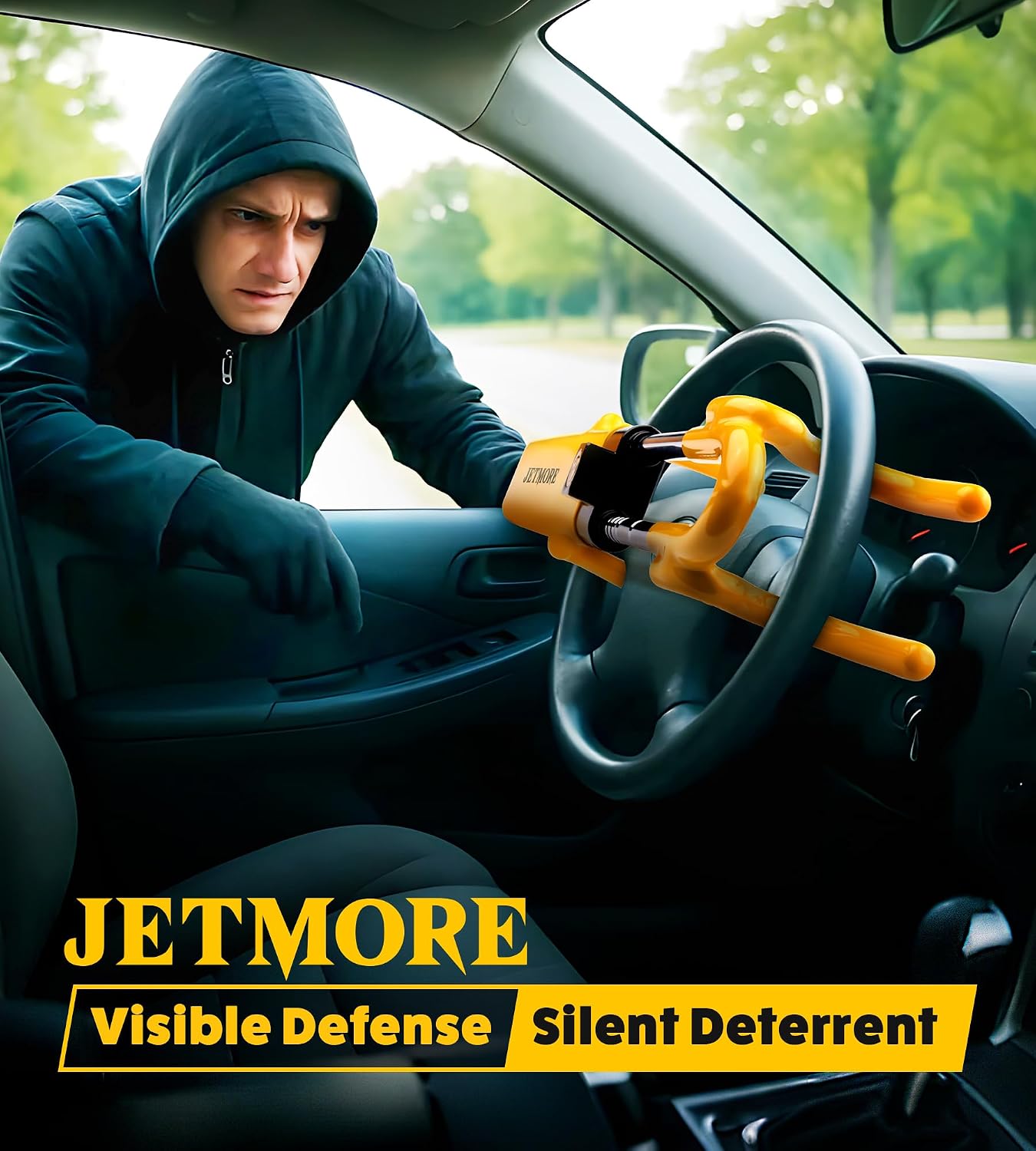 Detalle de JETMORE Steering Wheel Lock: Adjustable, Heavy-Duty Anti-Theft Device for Cars, Trucks, and SUVs