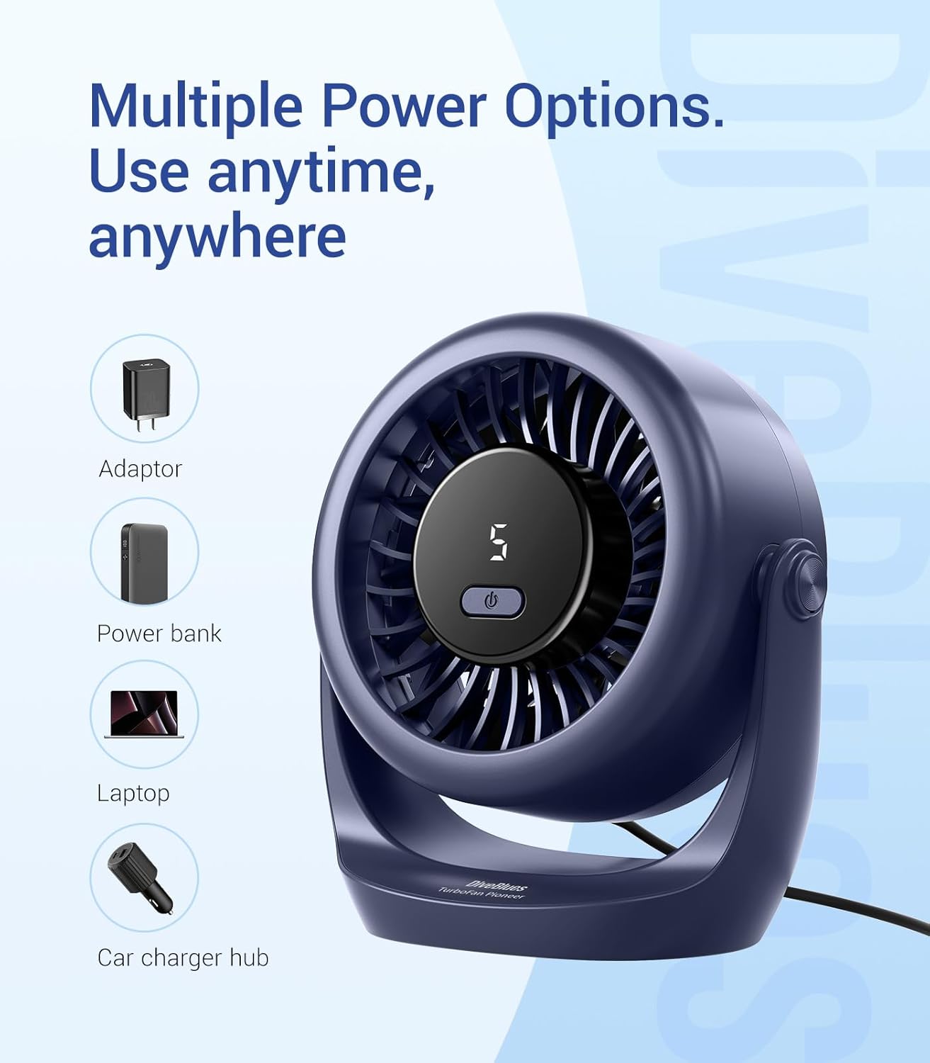 Thumbnail 3 de Diveblues TurboBreeze Portable Turbo Desk Fan 5” – Quiet USB Desk Fan with 5 Speeds and 360° Tilt