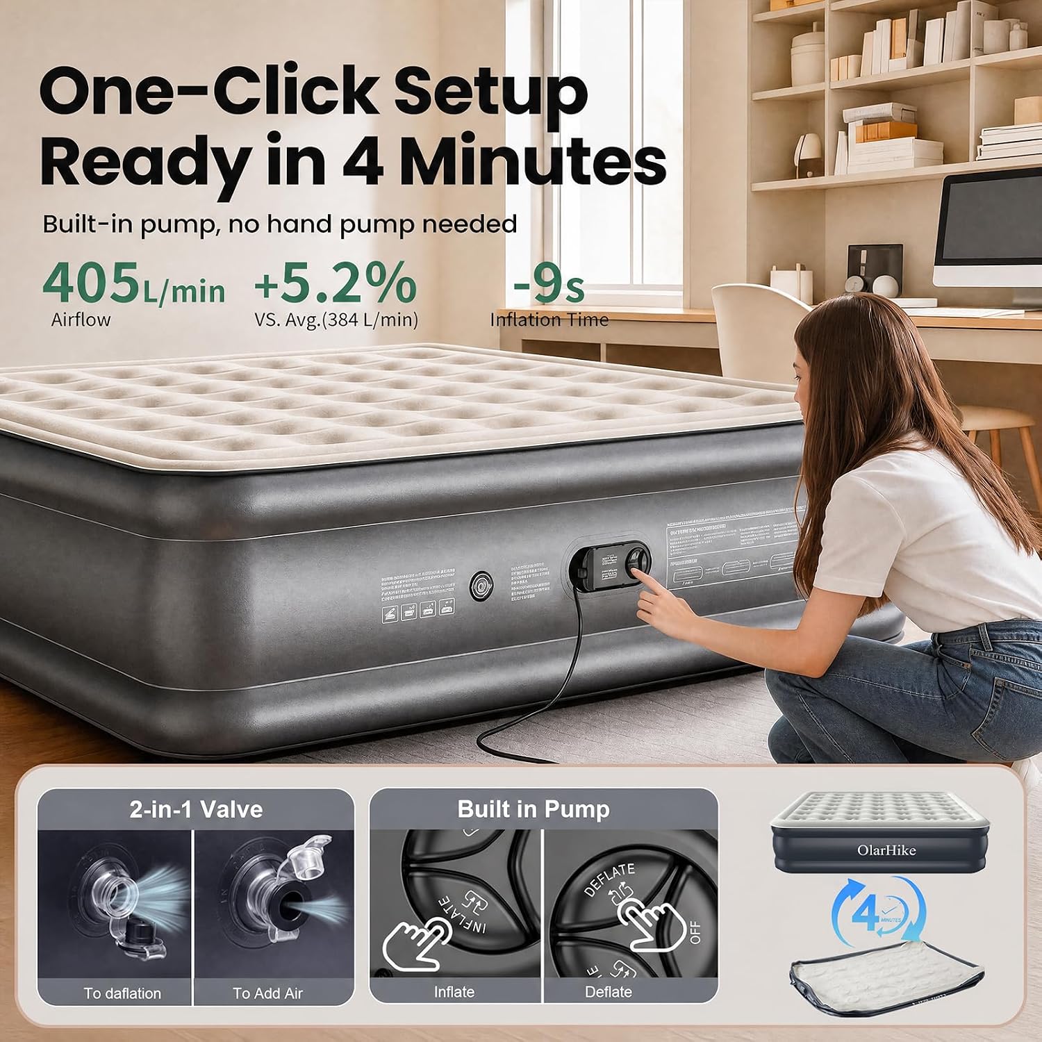 Detalle 1 de OlarHike AMH3 King Air Mattress with Built-In Pump, 18-Inch Flocked Top