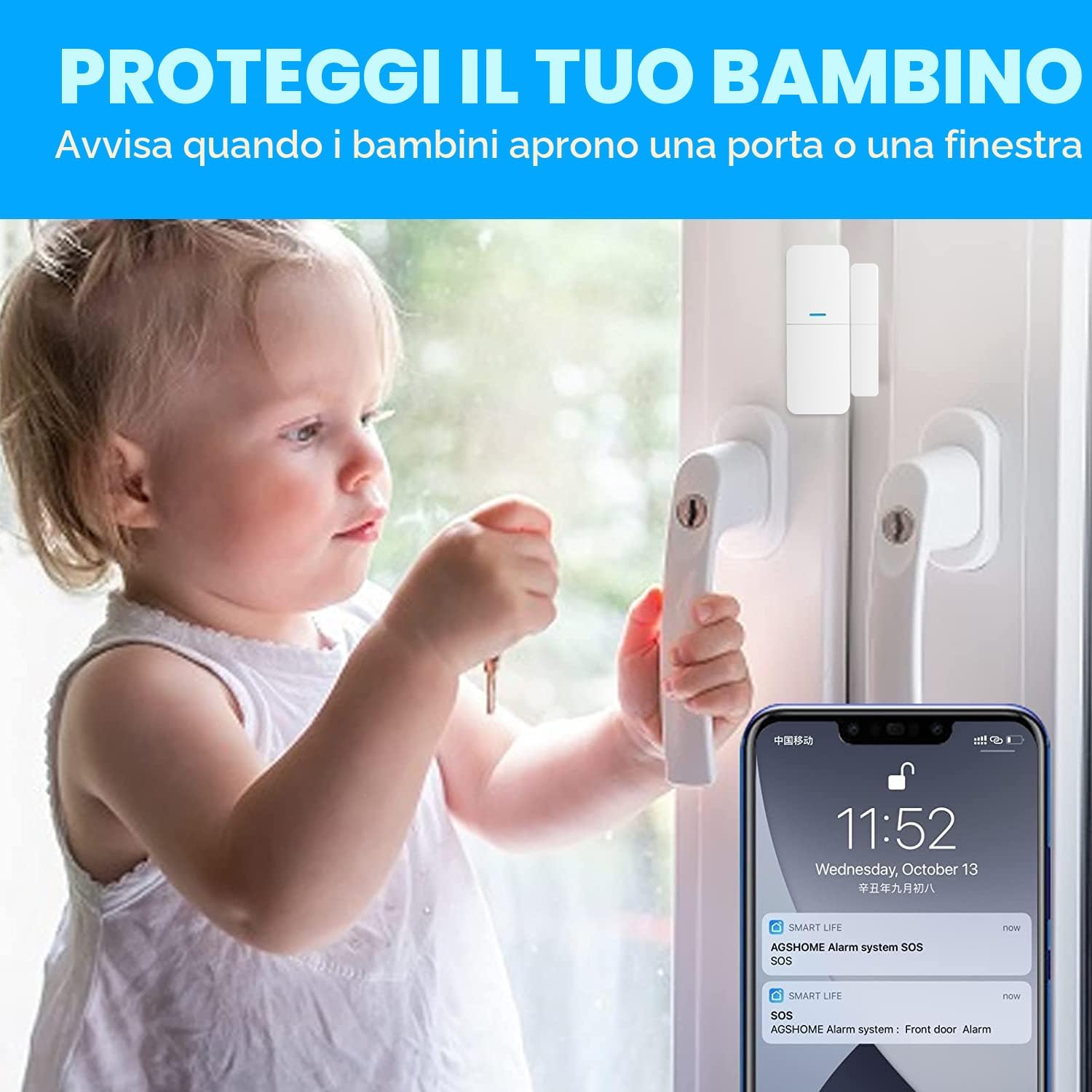 Thumbnail 4 de AGSHOME Allarme Casa Senza Fili 11 pezzi: Sirena 120 dB, 8 Sensori Porte/Finestre, 2 Telecomandi, Alexa/Google Assistant