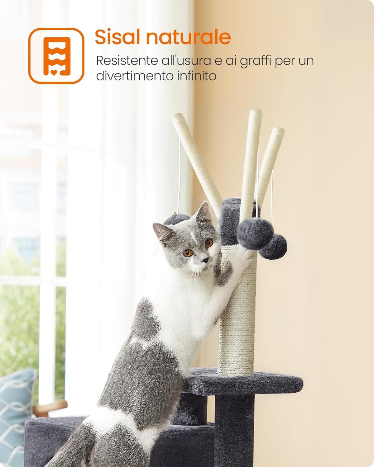 Detalle de Feandrea Tiragraffi per Gatti con Albero a Molti Livelli e Grotta – Grigio Fumo 42 x 32 x 118 cm