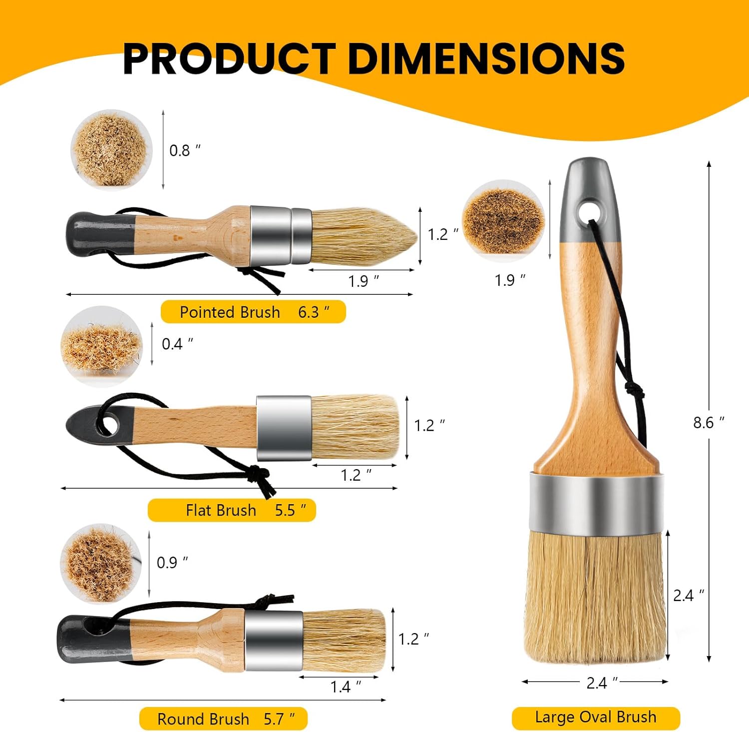 Detalle de Mister Rui Chalk Paint Brushes Set of 4 – Small Round, Pointed, Flat, and 2.5in Oval Brush