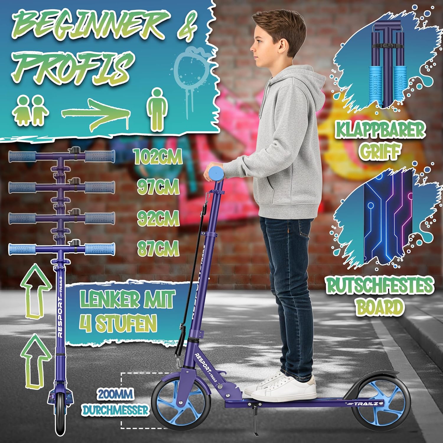 Thumbnail 2 de RE:SPORT Cityroller – höhenverstellbar, klappbar bis 100 kg, Klingel & Tragegurt