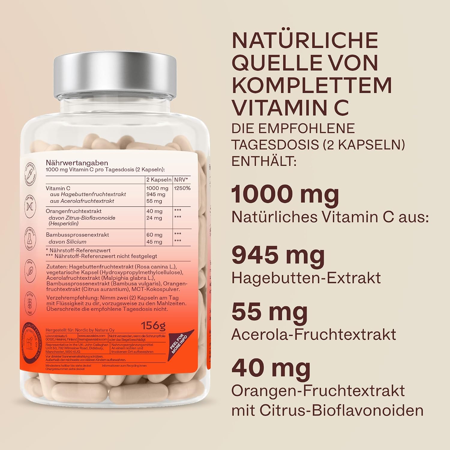 Detalle de Vitamin C Hochdosiert Vegan – Acerola Vitamin C 1000 mg pro Tagesdosis (2 Kapseln) mit Hagebutten und Zitrus-Bioflavonoiden, 180 Kapseln