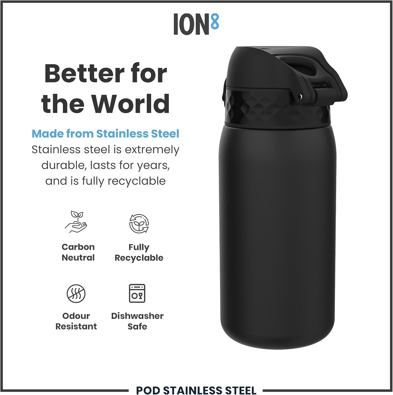 Detalle de ION8 Lightweight Steel Kids Water Bottle (400ml/13oz) – Leak Proof, Dishwasher Safe, Black