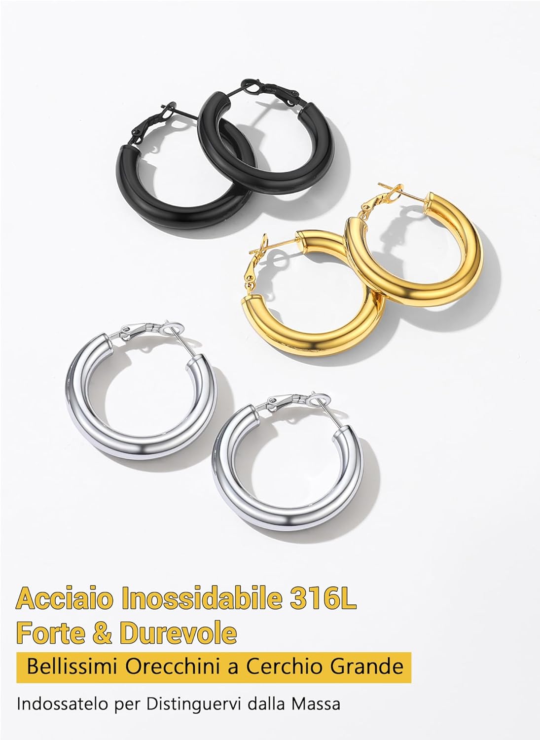 Thumbnail 6 de PROSTEEL orecchini oversize a cerchio neri in acciaio 316L (30/40/60/80 mm)