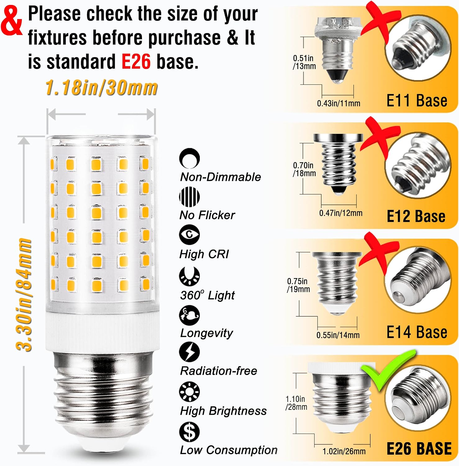 Detalle de ALIDE E2612 E26 LED Corn Bulbs, 12W, 1,200 Lumens, 2700K, 4-Pack