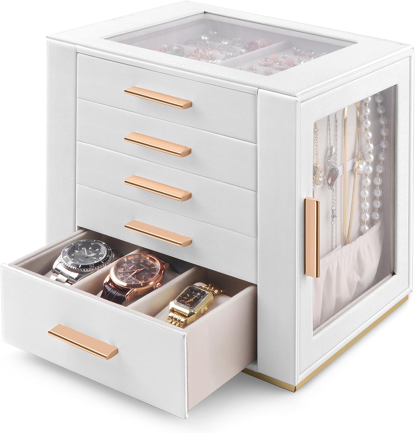 Homeanda Jewellery Box, Large 5-Layer Organiser Case with Glass Lid in White