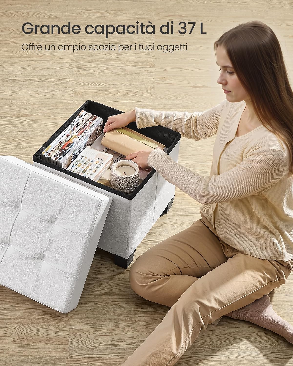 Thumbnail 5 de SONGMICS Pouf Contenitore con Gambe 38 x 38 x 40 cm, 37 L, rivestimento PVC, bianco Nuvola LSF0512W02