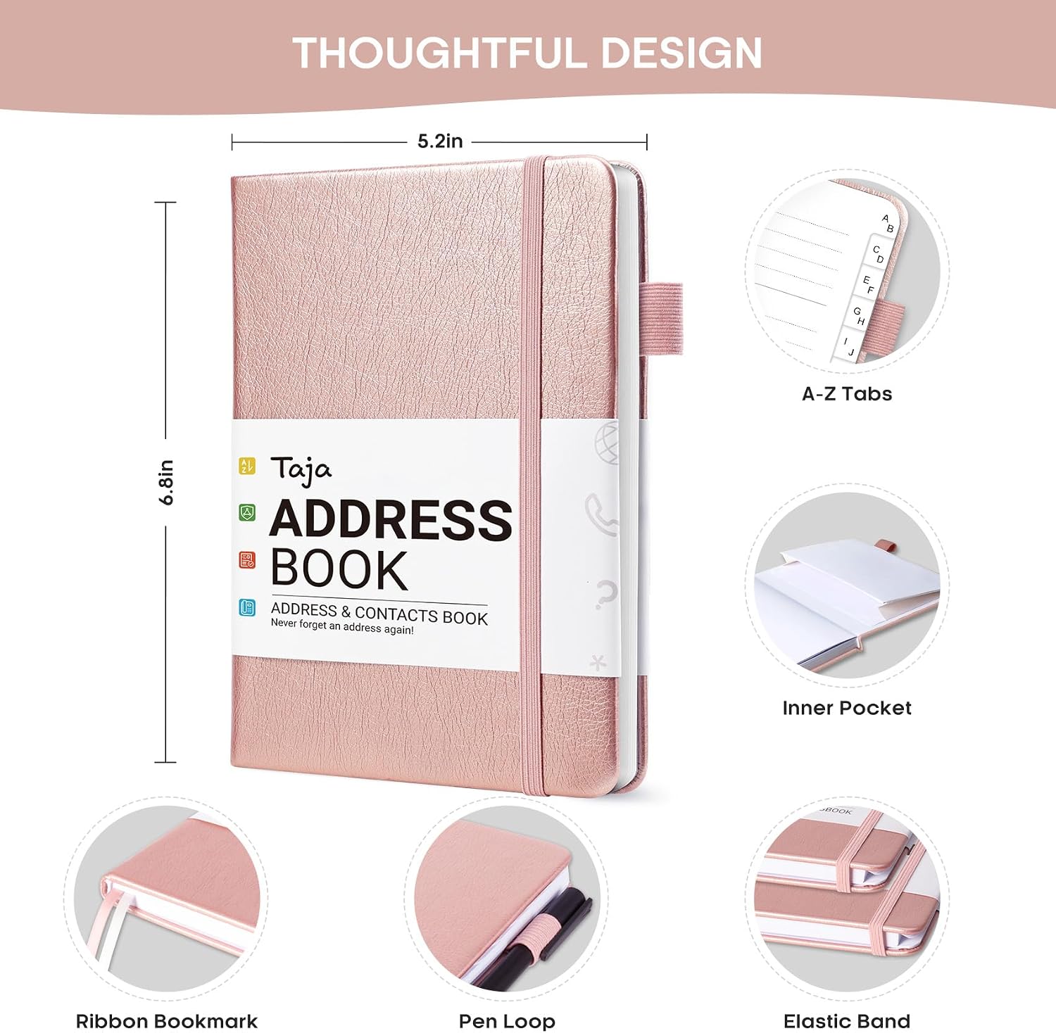 Detalle 2 de Taja 2LE0908-BG-203 Address Book with A–Z Tabs, Large Print, Rose Gold