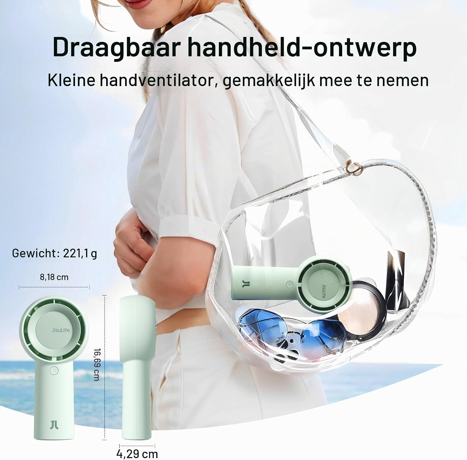 Detalle 1 de JISULIFE FA43 Turbo-handventilator, 4000 mAh, 5 standen, USB-C, groen
