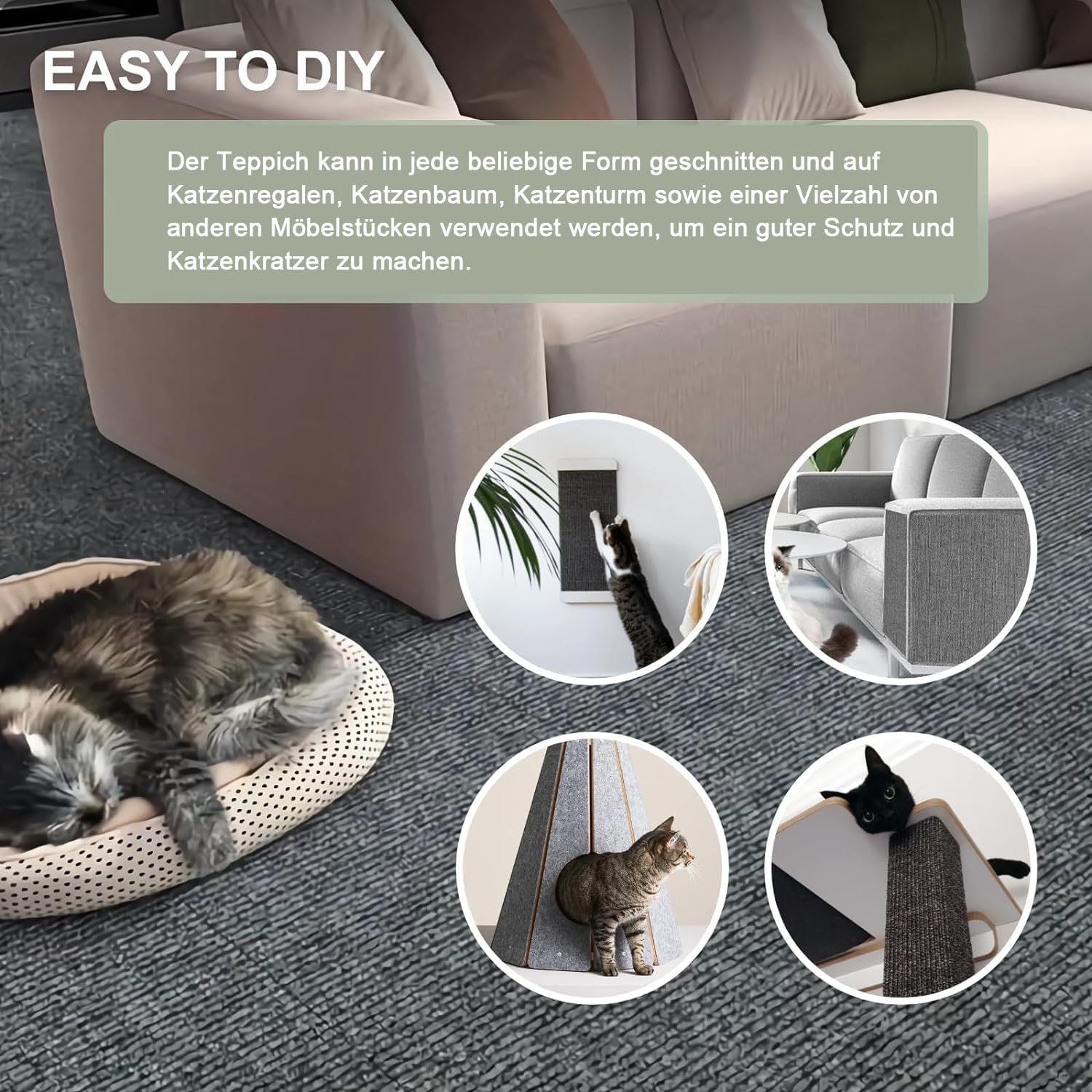 Detalle de Trimmbare selbstklebende Kratzschutz-Matte für Sofa & Wand – Katzenschutzteppich 200 cm