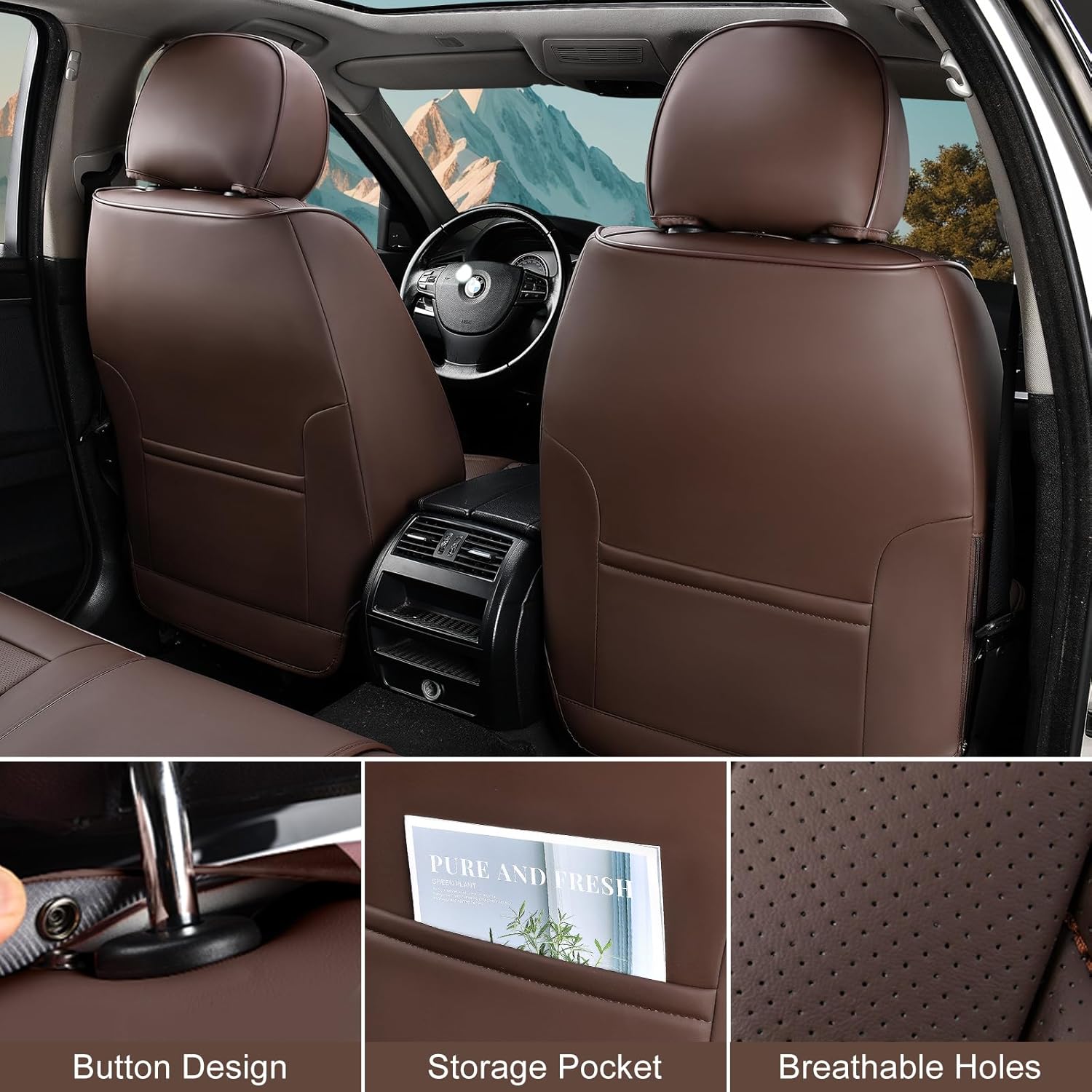 Thumbnail 2 de TIEHESYT Coffee Car Seat Covers Full Set: Breathable Nappa Leather, Front & Rear Coverage